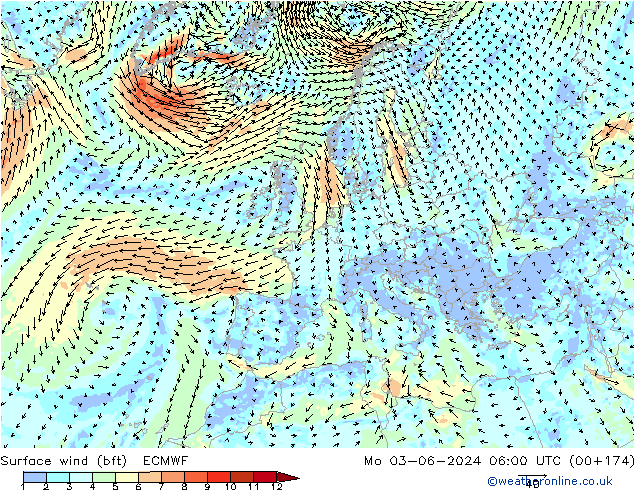 Rüzgar 10 m (bft) ECMWF Pzt 03.06.2024 06 UTC