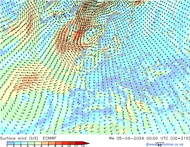 Vento 10 m (bft) ECMWF mer 05.06.2024 00 UTC