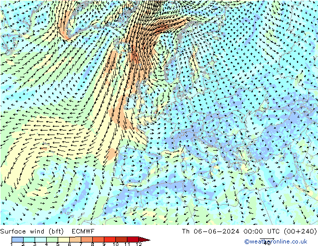 Wind 10 m (bft) ECMWF do 06.06.2024 00 UTC