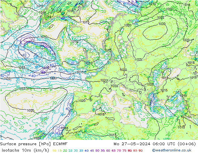 Isotachs (kph) ECMWF Mo 27.05.2024 06 UTC