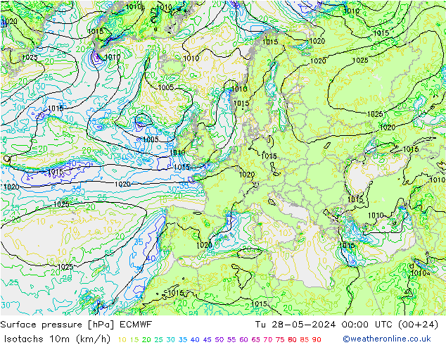 Isotachs (kph) ECMWF Tu 28.05.2024 00 UTC