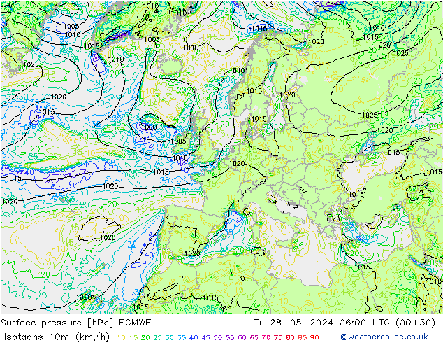 Isotachen (km/h) ECMWF Di 28.05.2024 06 UTC