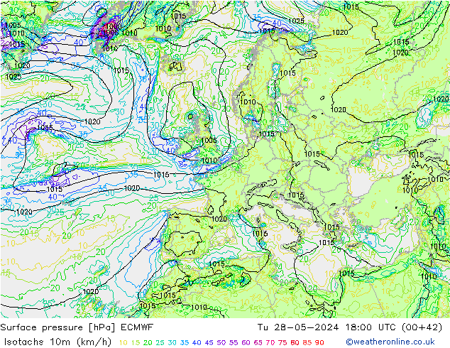 Isotachs (kph) ECMWF Tu 28.05.2024 18 UTC