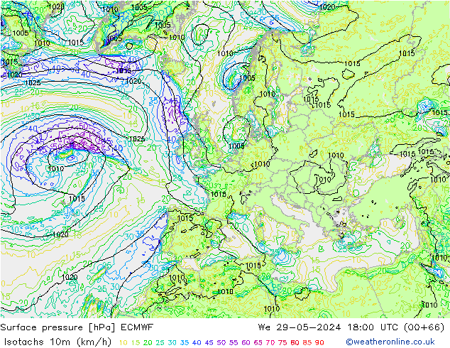 Isotachen (km/h) ECMWF wo 29.05.2024 18 UTC