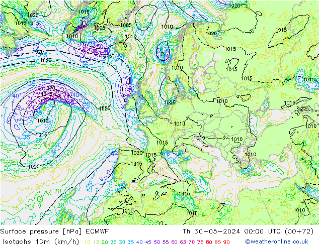 Isotachs (kph) ECMWF Th 30.05.2024 00 UTC