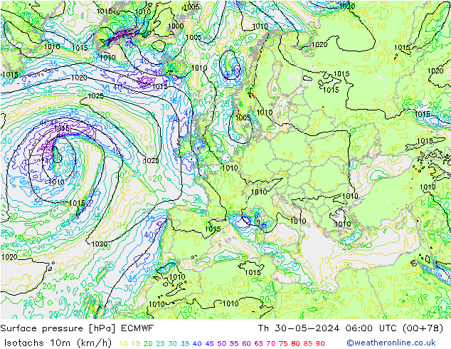 Isotachen (km/h) ECMWF Do 30.05.2024 06 UTC