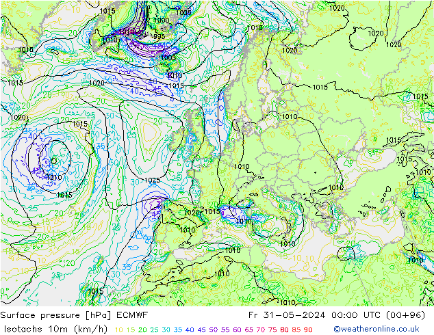 Isotachen (km/h) ECMWF Fr 31.05.2024 00 UTC