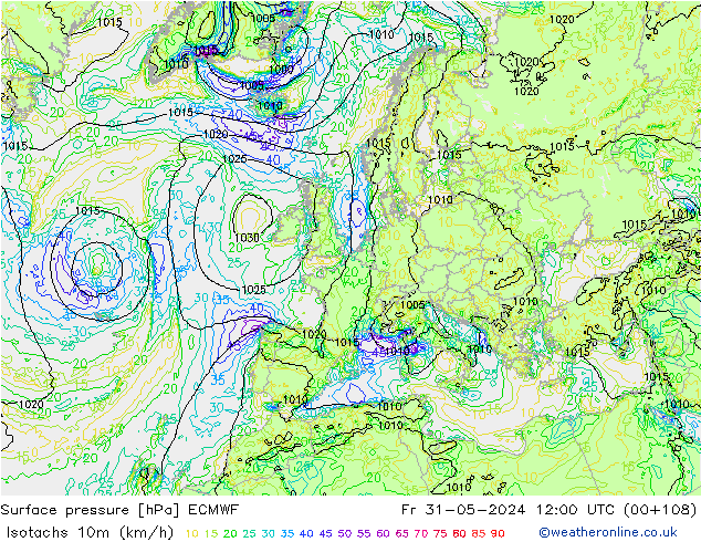 Isotachs (kph) ECMWF  31.05.2024 12 UTC