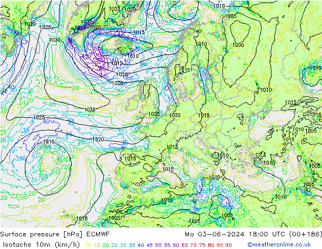 Izotacha (km/godz) ECMWF pon. 03.06.2024 18 UTC