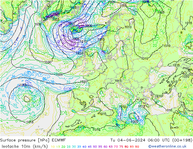 Isotachen (km/h) ECMWF di 04.06.2024 06 UTC