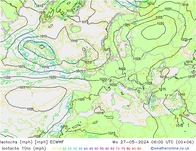 Isotachs (mph) ECMWF 星期一 27.05.2024 06 UTC