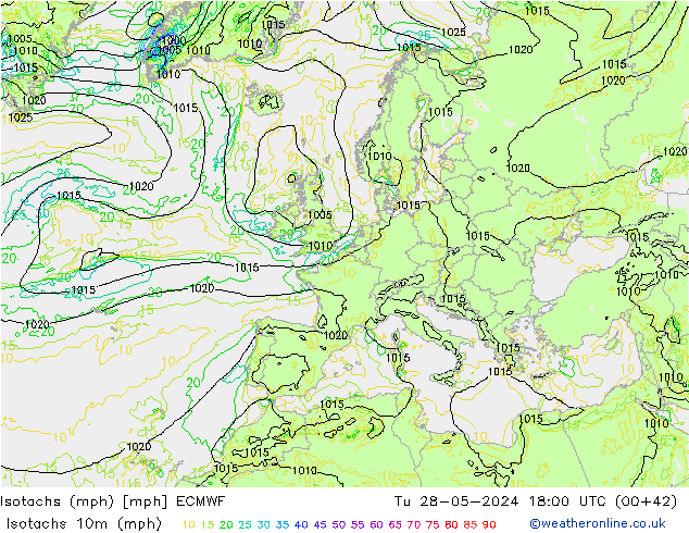 Izotacha (mph) ECMWF wto. 28.05.2024 18 UTC