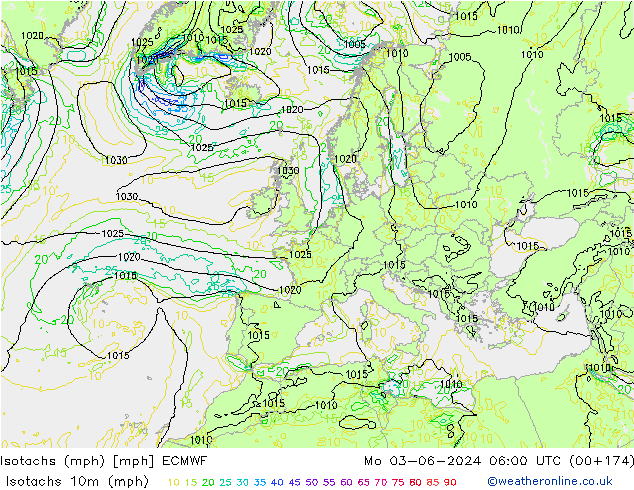 Isotachs (mph) ECMWF пн 03.06.2024 06 UTC