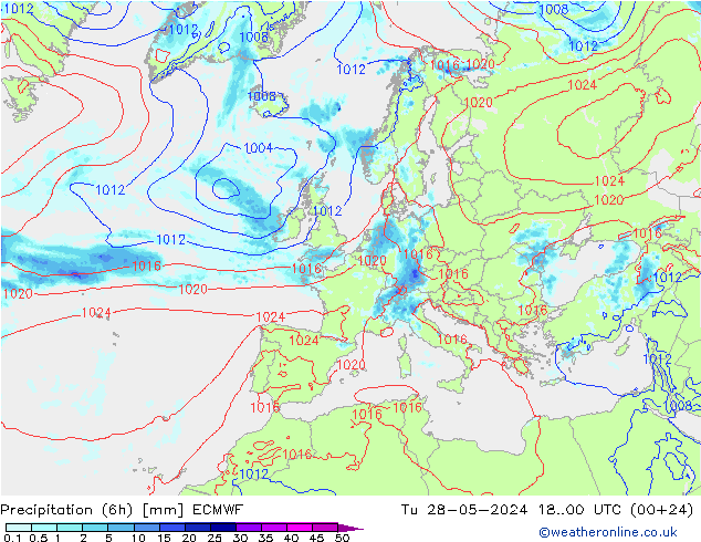 Precipitation (6h) ECMWF Tu 28.05.2024 00 UTC