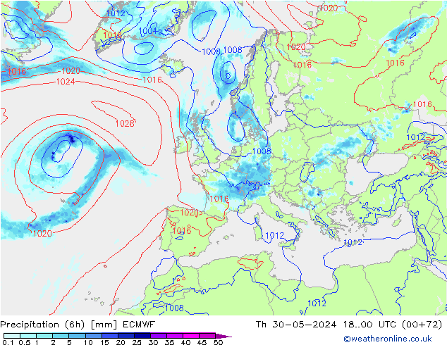 Z500/Rain (+SLP)/Z850 ECMWF jue 30.05.2024 00 UTC