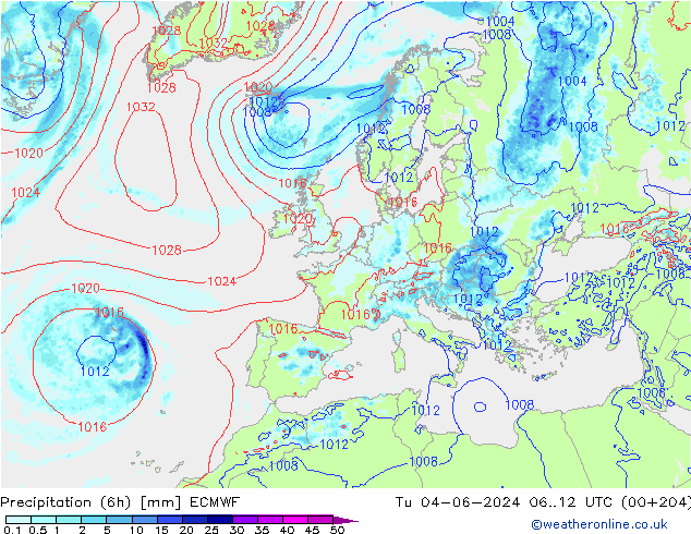 Z500/Rain (+SLP)/Z850 ECMWF Tu 04.06.2024 12 UTC