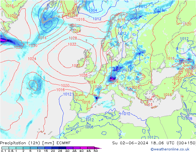 Precipitation (12h) ECMWF Su 02.06.2024 06 UTC