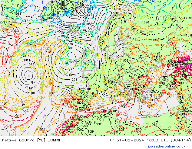 Theta-e 850hPa ECMWF Fr 31.05.2024 18 UTC