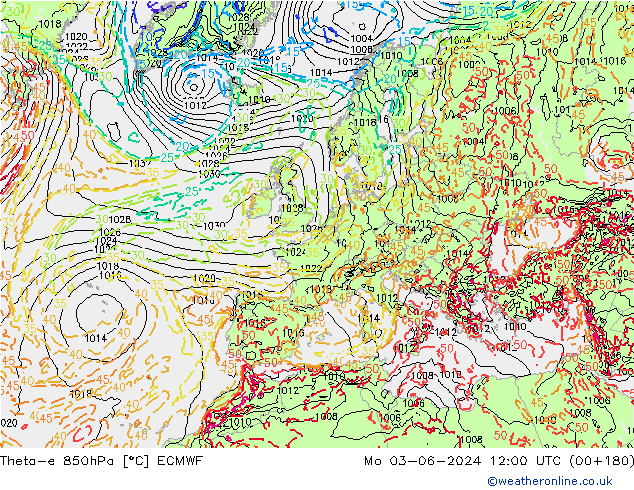 Theta-e 850hPa ECMWF Po 03.06.2024 12 UTC