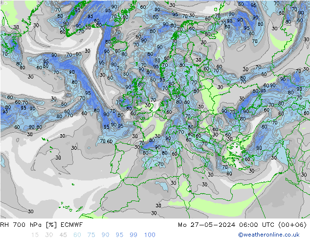 RH 700 hPa ECMWF 星期一 27.05.2024 06 UTC