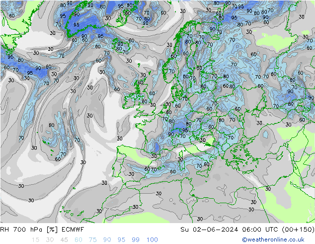 RH 700 hPa ECMWF Su 02.06.2024 06 UTC