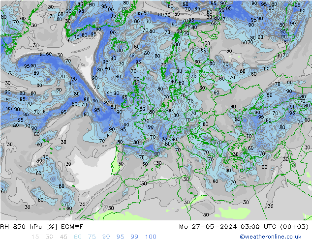 Humedad rel. 850hPa ECMWF lun 27.05.2024 03 UTC