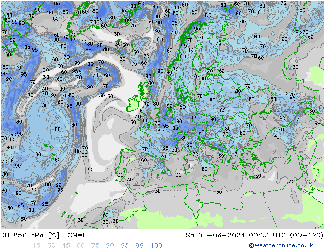 Humidité rel. 850 hPa ECMWF sam 01.06.2024 00 UTC