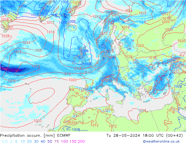 Précipitation accum. ECMWF mar 28.05.2024 18 UTC