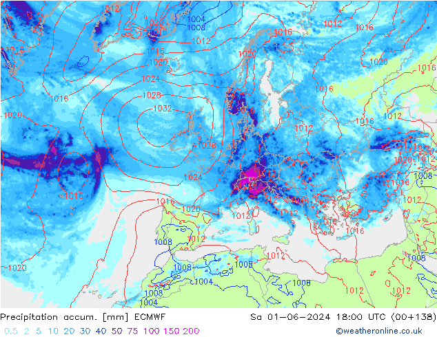 Precipitation accum. ECMWF сб 01.06.2024 18 UTC