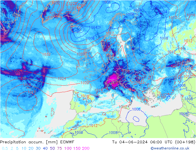 Precipitation accum. ECMWF Tu 04.06.2024 06 UTC