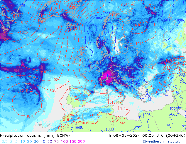 Precipitation accum. ECMWF Čt 06.06.2024 00 UTC