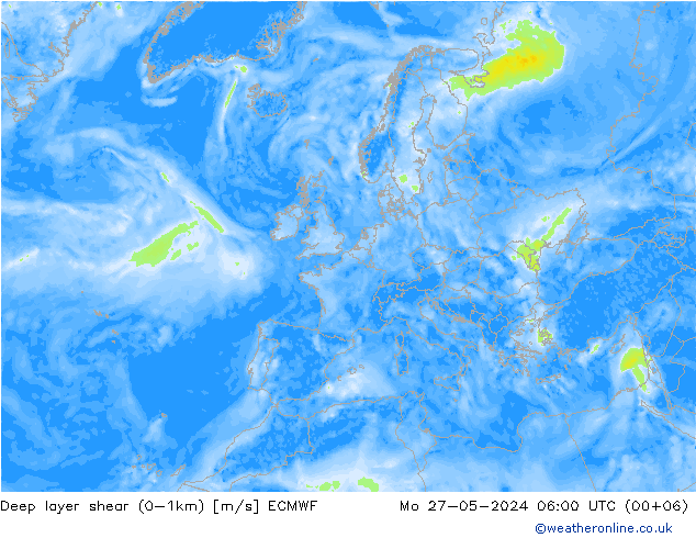 Deep layer shear (0-1km) ECMWF Mo 27.05.2024 06 UTC