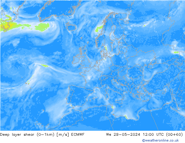 Deep layer shear (0-1km) ECMWF We 29.05.2024 12 UTC