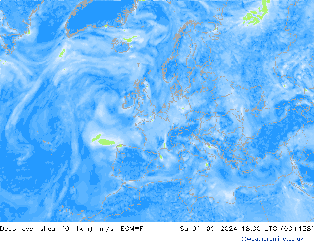 Deep layer shear (0-1km) ECMWF sab 01.06.2024 18 UTC