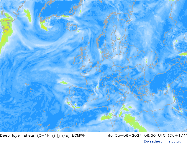 Deep layer shear (0-1km) ECMWF пн 03.06.2024 06 UTC