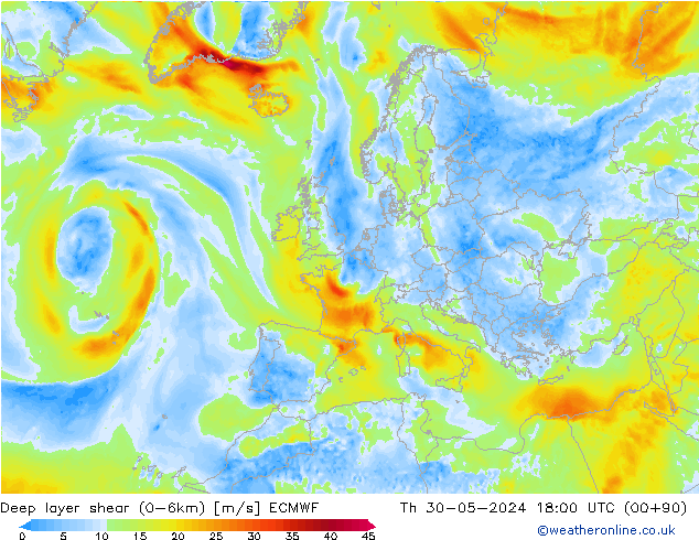 Deep layer shear (0-6km) ECMWF jue 30.05.2024 18 UTC