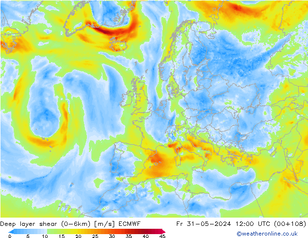 Deep layer shear (0-6km) ECMWF Sex 31.05.2024 12 UTC