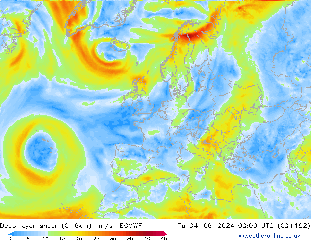 Deep layer shear (0-6km) ECMWF Di 04.06.2024 00 UTC