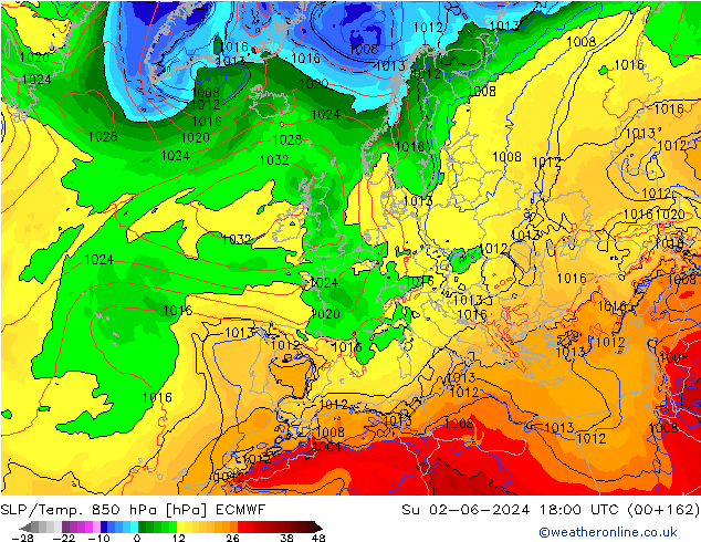 SLP/Temp. 850 hPa ECMWF dom 02.06.2024 18 UTC