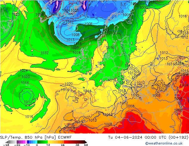 SLP/Temp. 850 hPa ECMWF wto. 04.06.2024 00 UTC