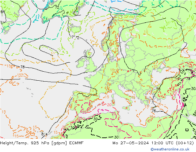 Height/Temp. 925 hPa ECMWF  27.05.2024 12 UTC