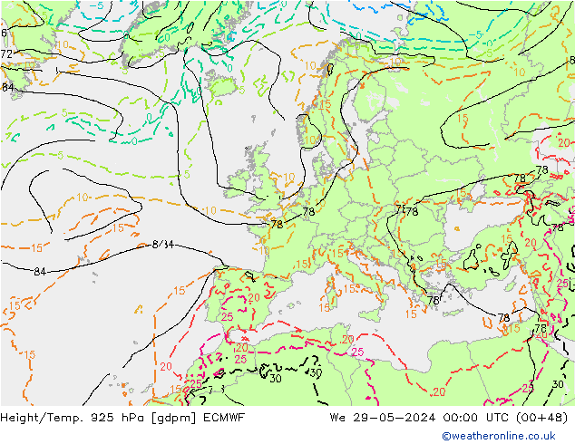 Height/Temp. 925 hPa ECMWF We 29.05.2024 00 UTC