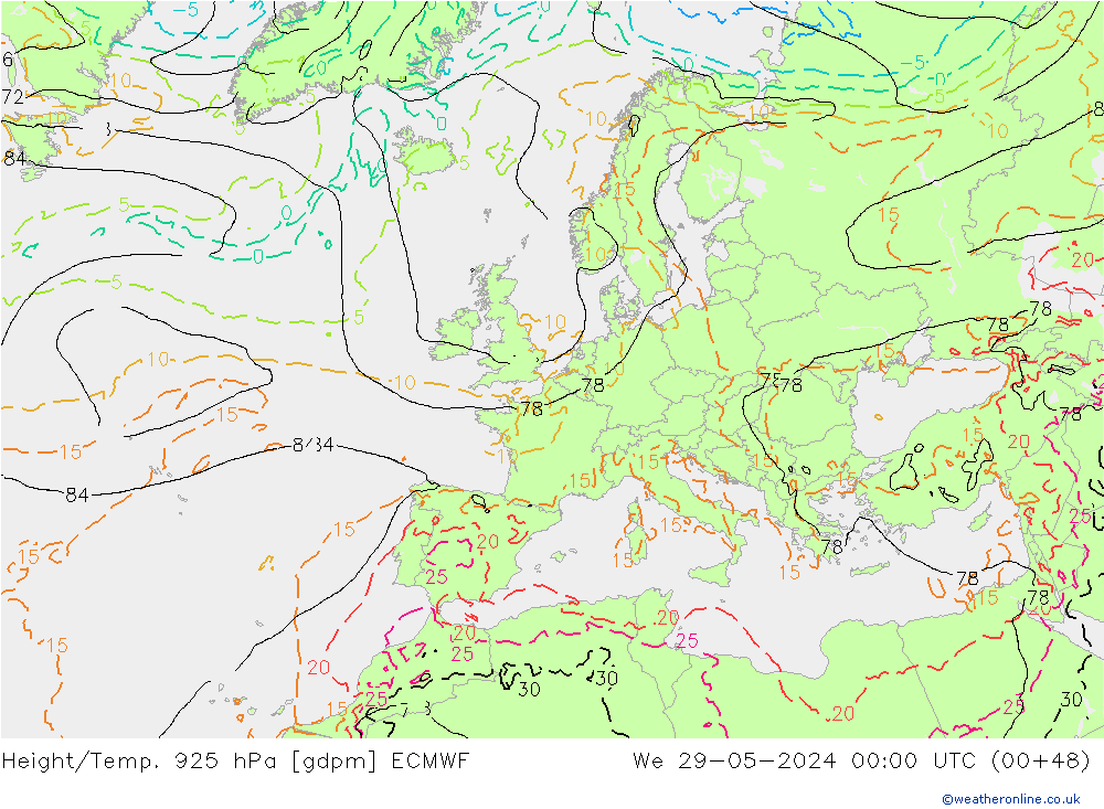 Height/Temp. 925 hPa ECMWF śro. 29.05.2024 00 UTC