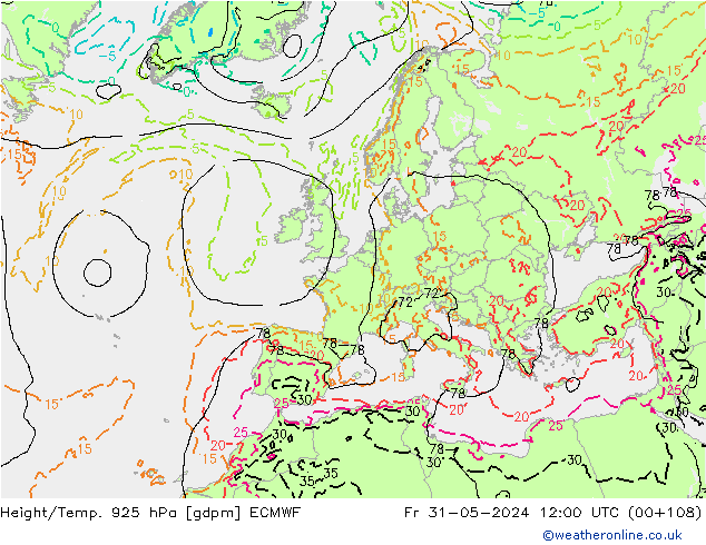 Height/Temp. 925 hPa ECMWF Pá 31.05.2024 12 UTC