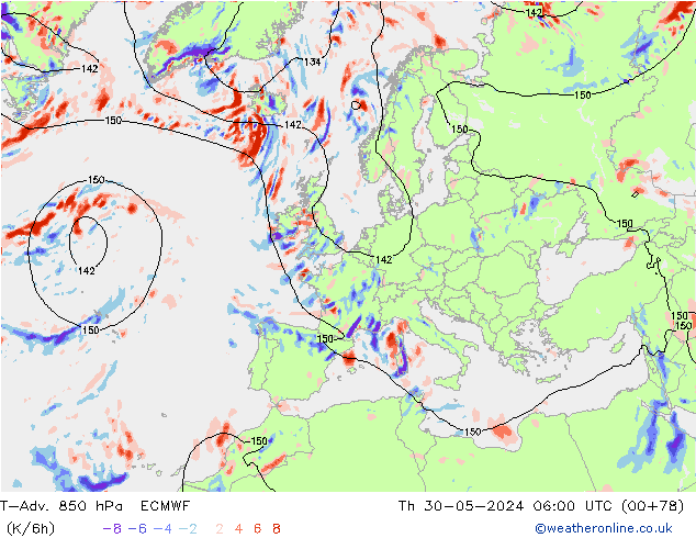 T-Adv. 850 hPa ECMWF Per 30.05.2024 06 UTC