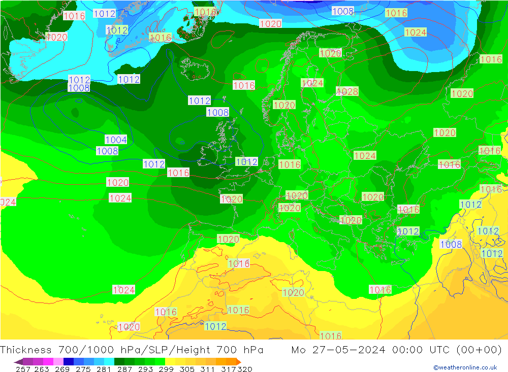 Thck 700-1000 hPa ECMWF 星期一 27.05.2024 00 UTC