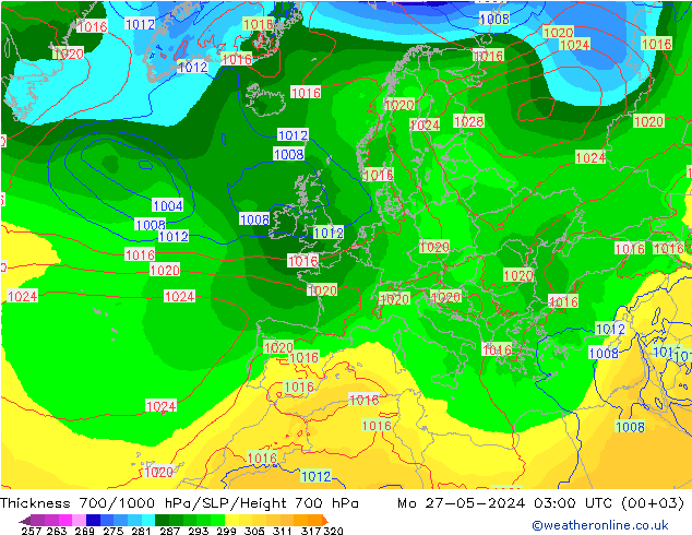 Thck 700-1000 hPa ECMWF pon. 27.05.2024 03 UTC