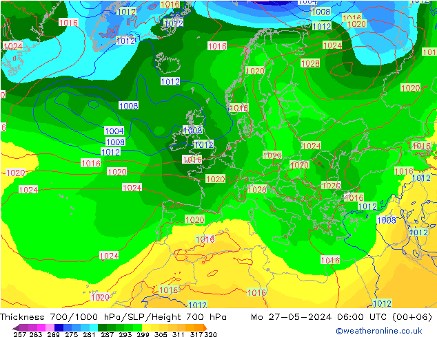 Thck 700-1000 hPa ECMWF pon. 27.05.2024 06 UTC