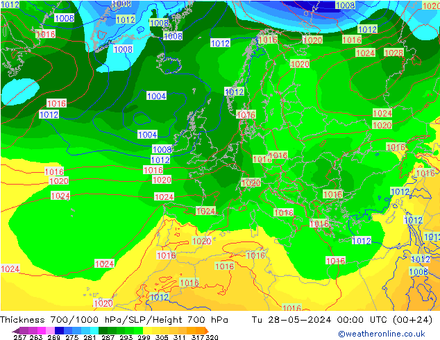 Thck 700-1000 hPa ECMWF wto. 28.05.2024 00 UTC