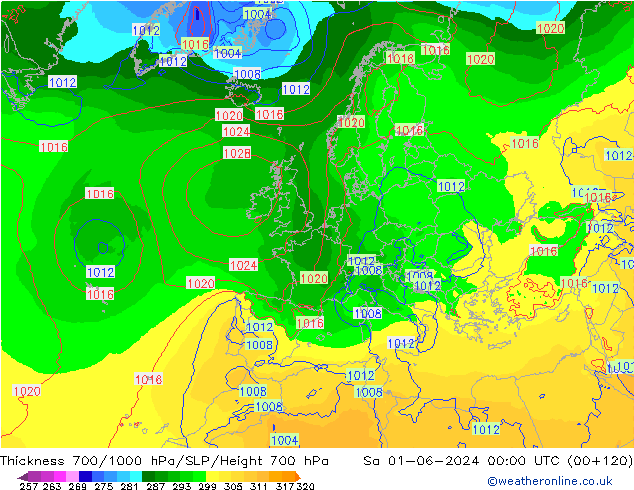 Schichtdicke 700-1000 hPa ECMWF Sa 01.06.2024 00 UTC